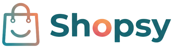 Create a modern and friendly logo for "Shopsy" where a playful, stylized shopping cart or bag icon is positioned to the immediate left of the "Shopsy" text. The text should be in a clear, sans-serif font, and the overall design should convey ease of shopping and a contemporary feel.